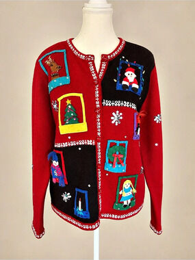 Karen Scott Christmas Cardigan Sweater Red Black 3D Holiday Applique Size M